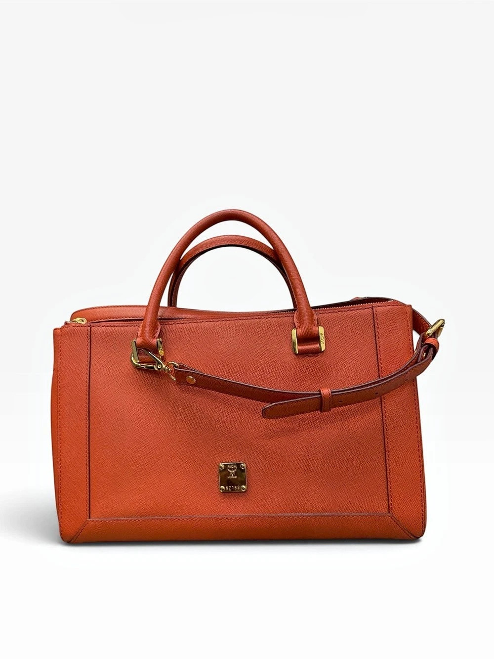 Authentic MCM Saffiano Leather Top Handle Satchel Bag Orange